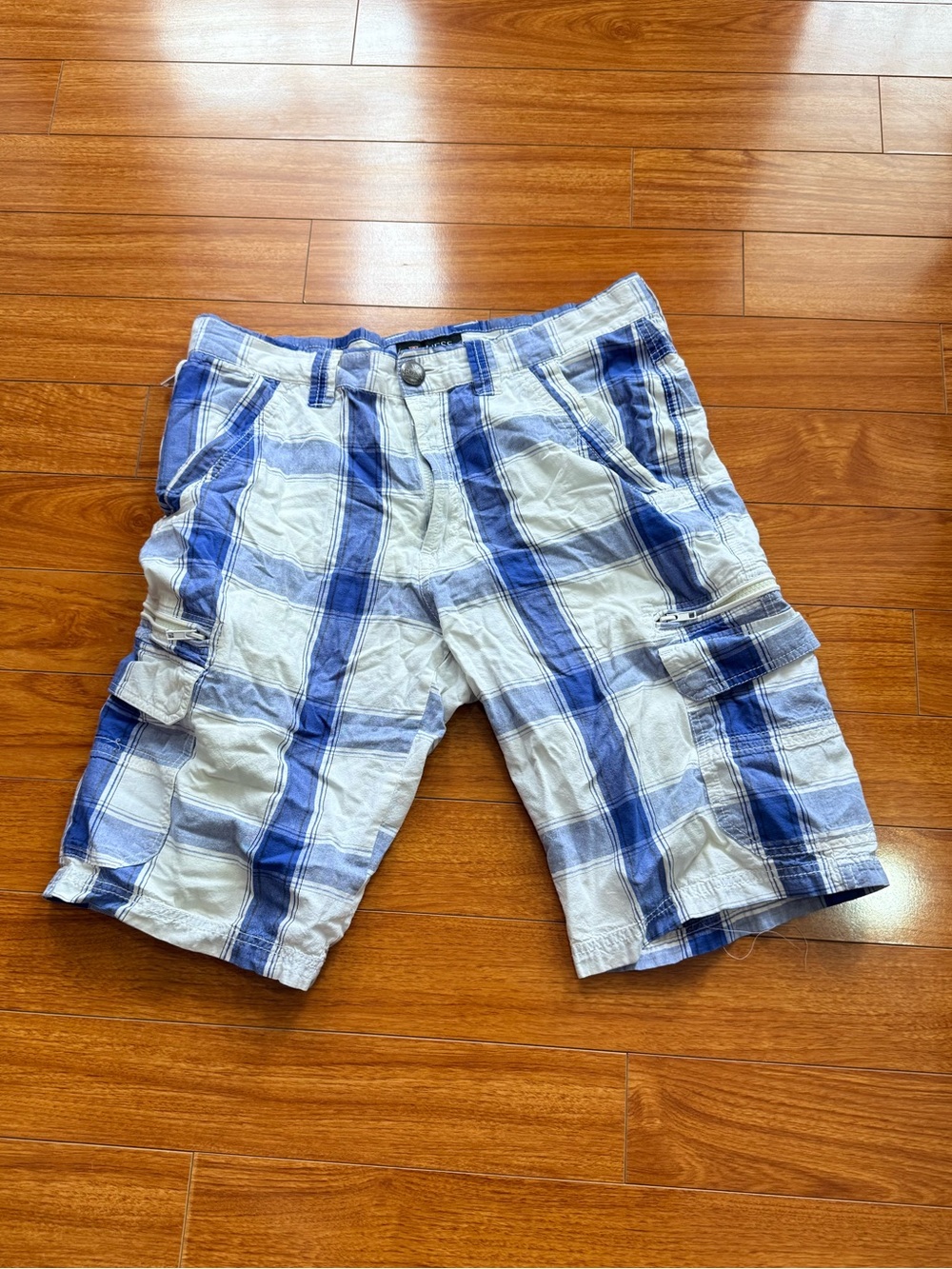 Guess Blue and White Plaid Cargo Shorts
